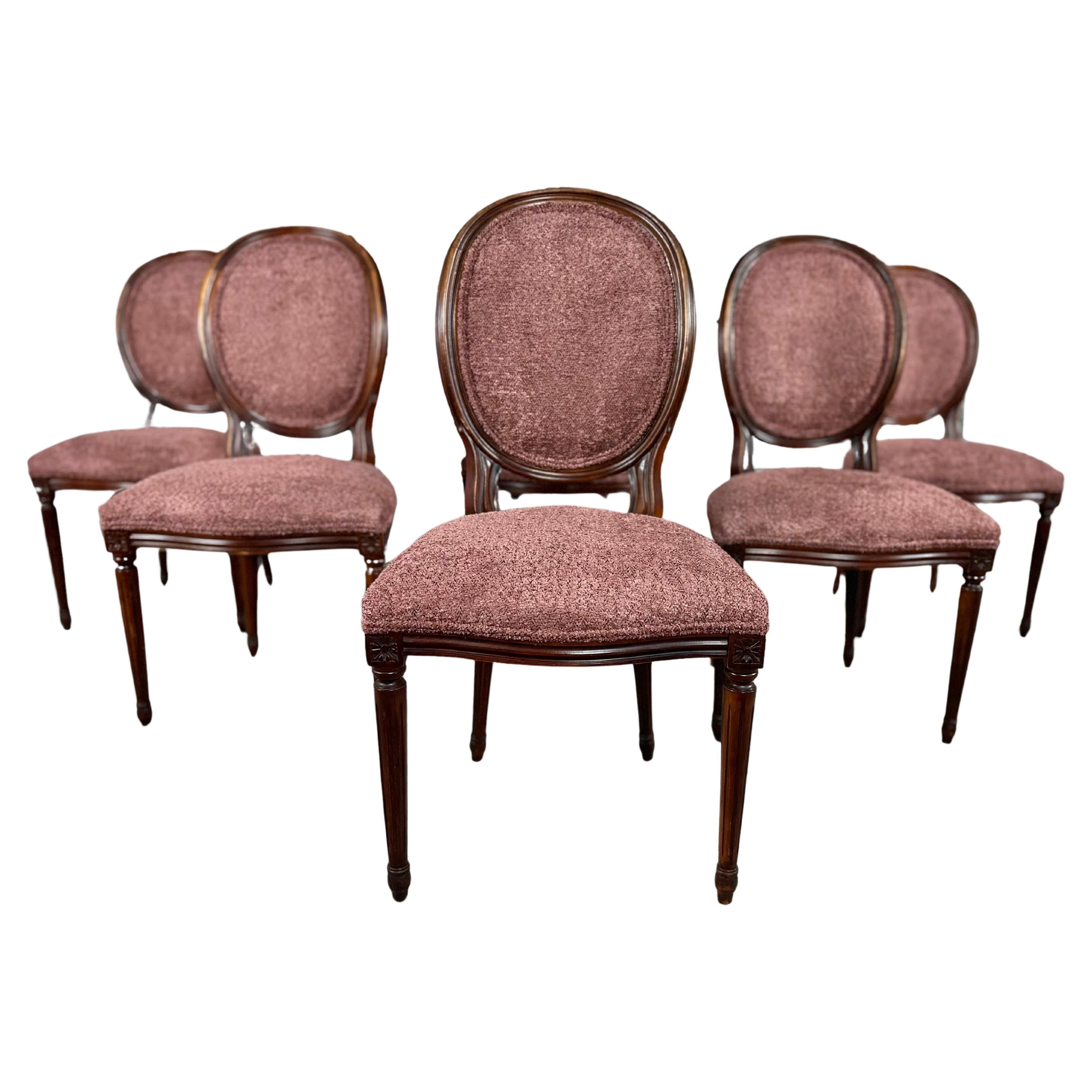 French Louis XVI Medallion Back Dining Chairs, Reupholstered - Set of 6