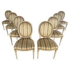 French Louis XVI Medallion Back Dining Chairs With Original Upholstery, Set of 8