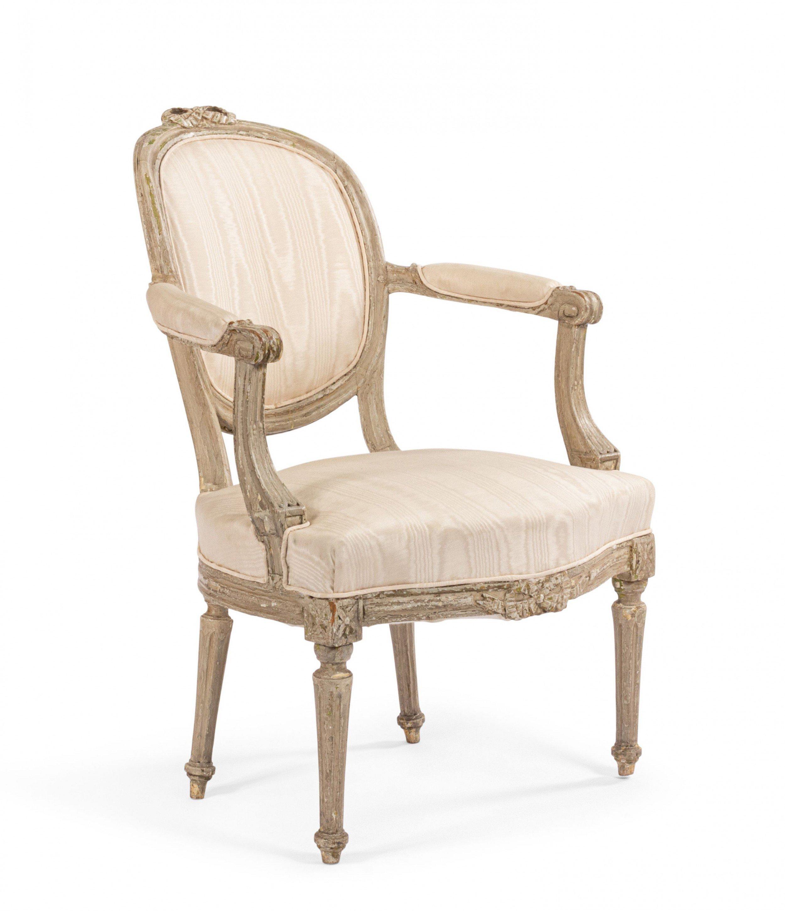 Wood French Louis XVI Moire Armchairs For Sale