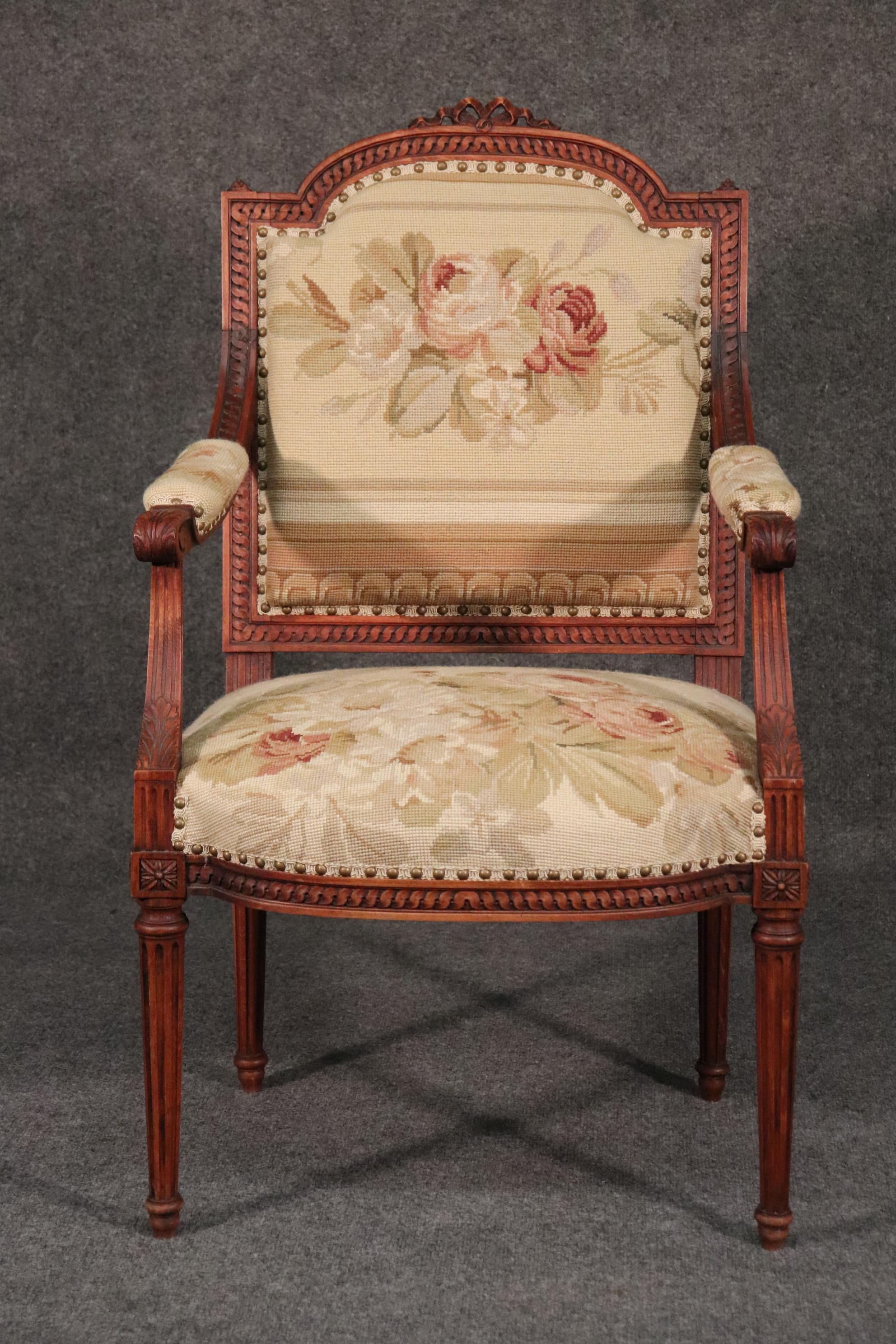 French Louis XVI Needlepoint Fauteuil Armchair in Walnut, circa 1890 In Good Condition For Sale In Swedesboro, NJ