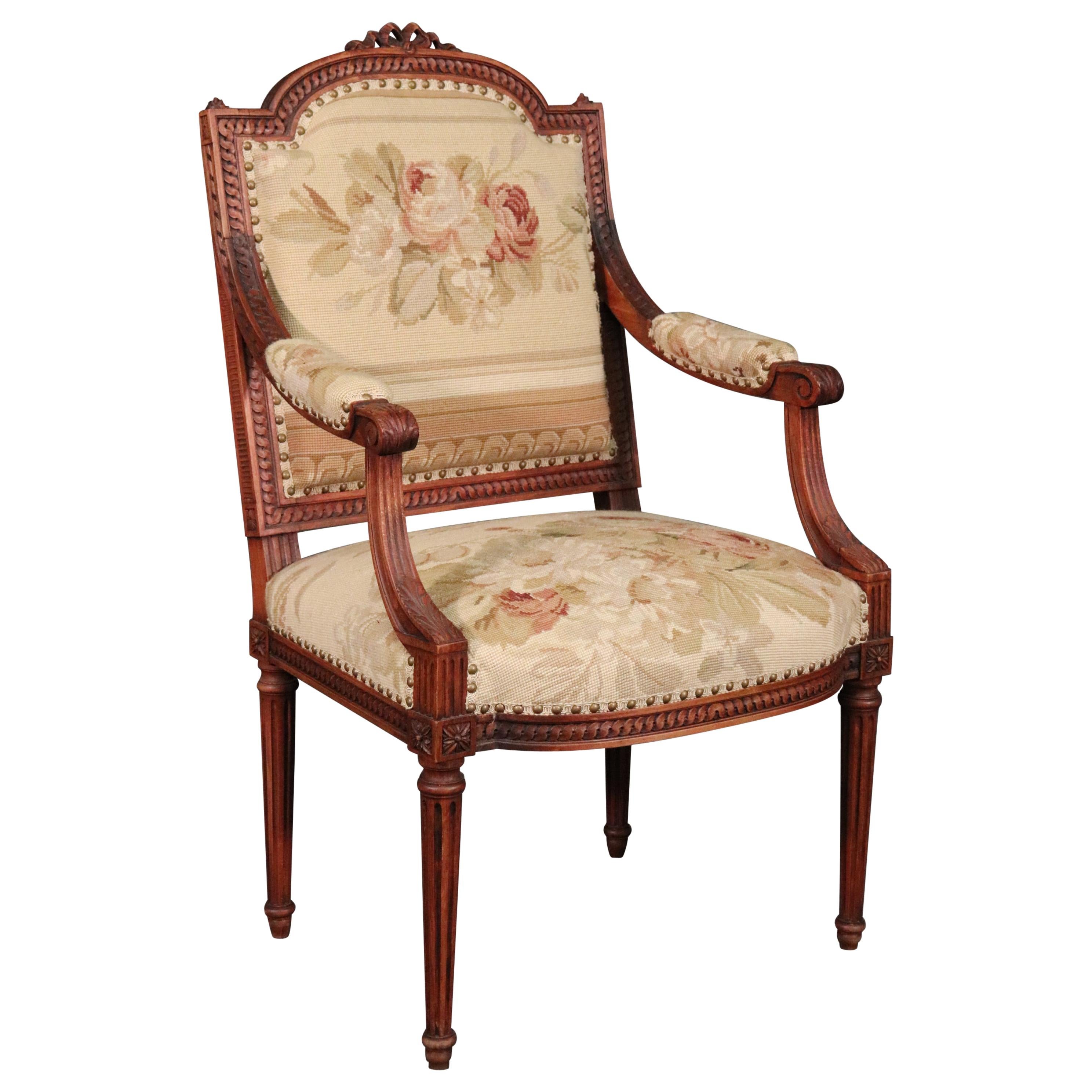 French Louis XVI Needlepoint Fauteuil Armchair in Walnut, circa 1890 For Sale