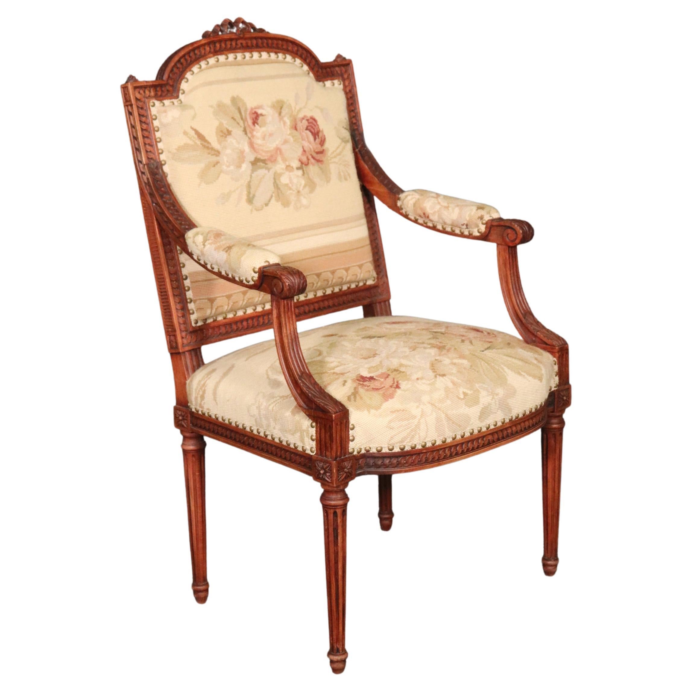 French Louis XVI Needlepoint Fauteuil Armchair in Walnut, circa 1890 For Sale