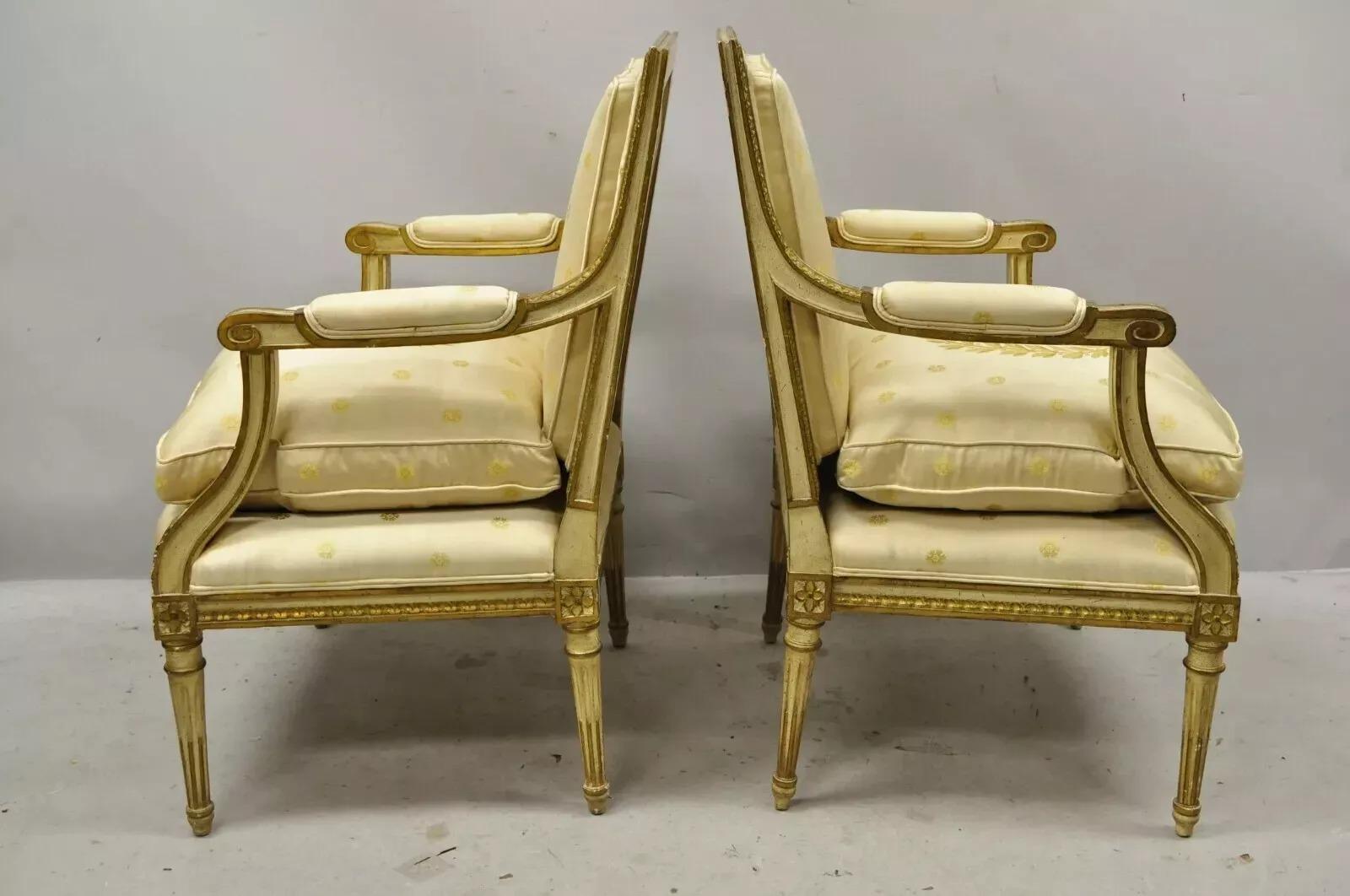 French Louis XVI Neoclassical Gold Silk Fauteuil Parcel Gilt Arm Chairs - a Pair For Sale 4