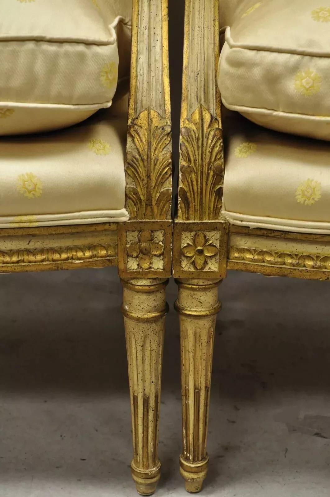 French Louis XVI Neoclassical Gold Silk Fauteuil Parcel Gilt Arm Chairs - a Pair For Sale 5