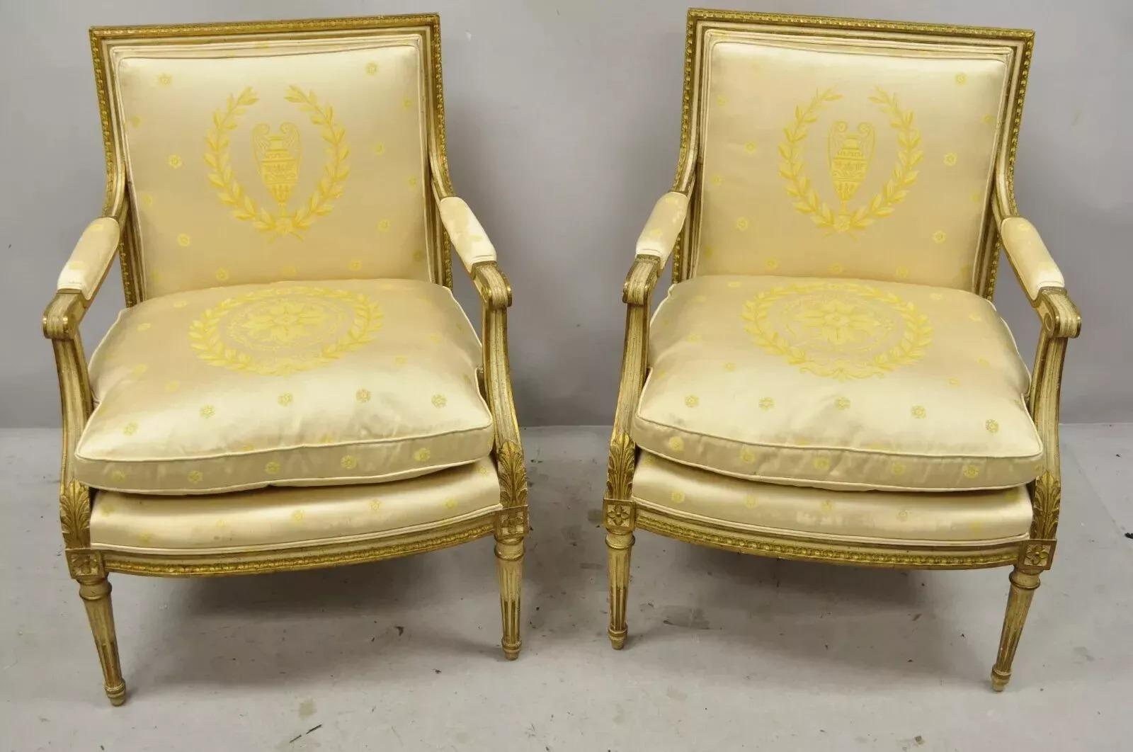 French Louis XVI Neoclassical Gold Silk Fauteuil Parcel Gilt Arm Chairs - a Pair For Sale 6