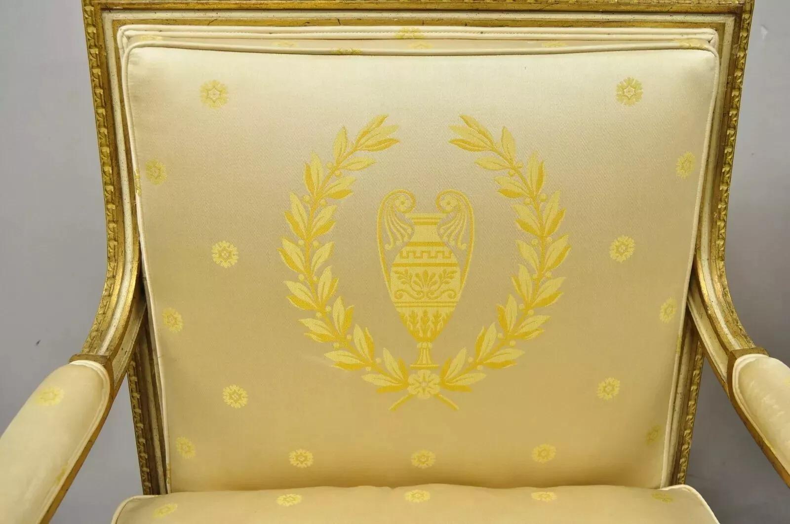 Unknown French Louis XVI Neoclassical Gold Silk Fauteuil Parcel Gilt Arm Chairs - a Pair For Sale