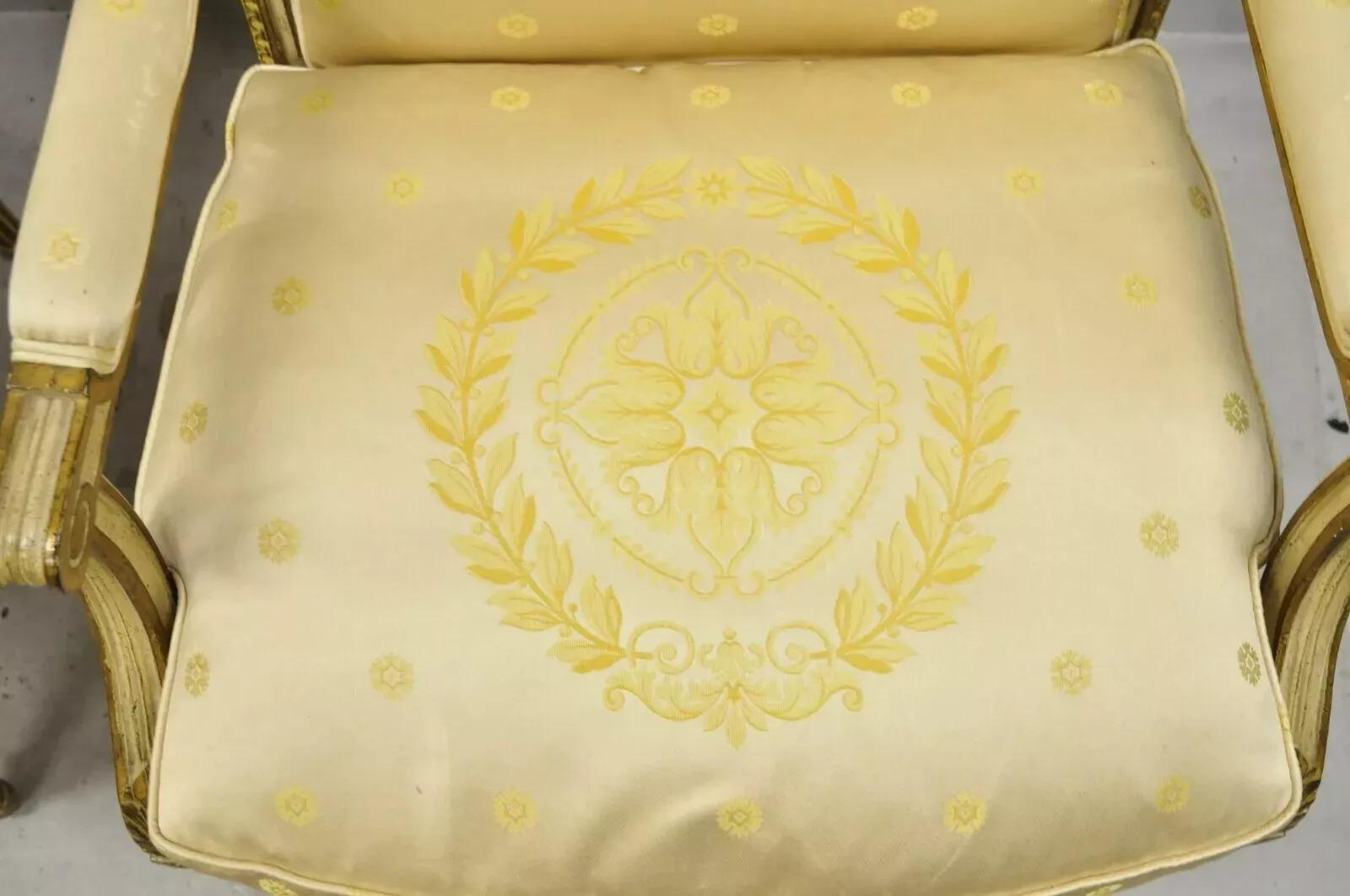 French Louis XVI Neoclassical Gold Silk Fauteuil Parcel Gilt Arm Chairs - a Pair In Good Condition For Sale In Philadelphia, PA