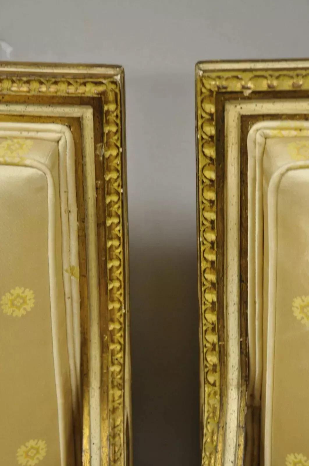 20th Century French Louis XVI Neoclassical Gold Silk Fauteuil Parcel Gilt Arm Chairs - a Pair For Sale