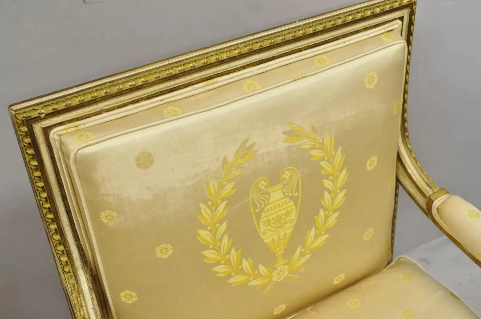 Fabric French Louis XVI Neoclassical Gold Silk Fauteuil Parcel Gilt Arm Chairs - a Pair For Sale