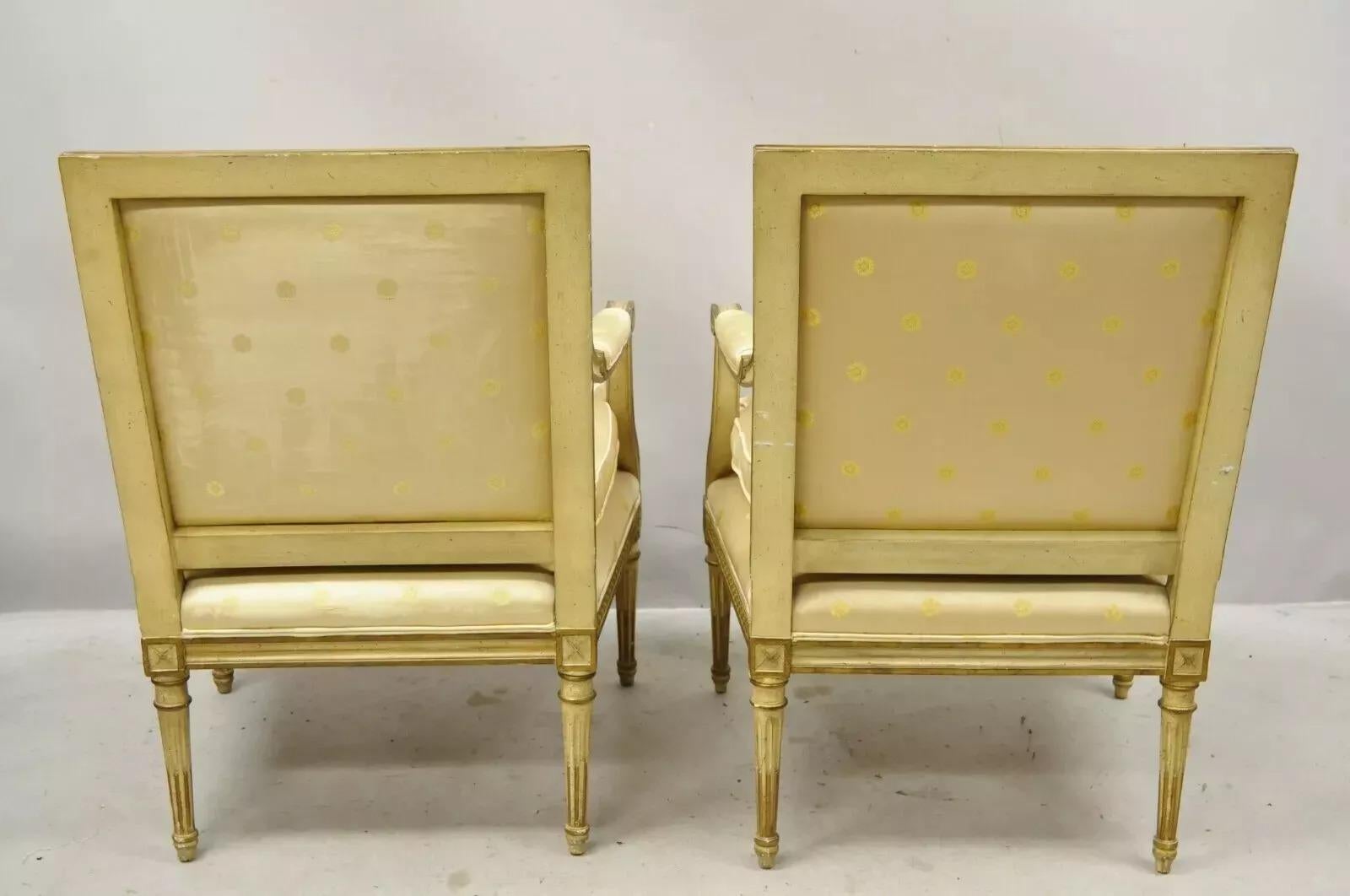 French Louis XVI Neoclassical Gold Silk Fauteuil Parcel Gilt Arm Chairs - a Pair For Sale 1