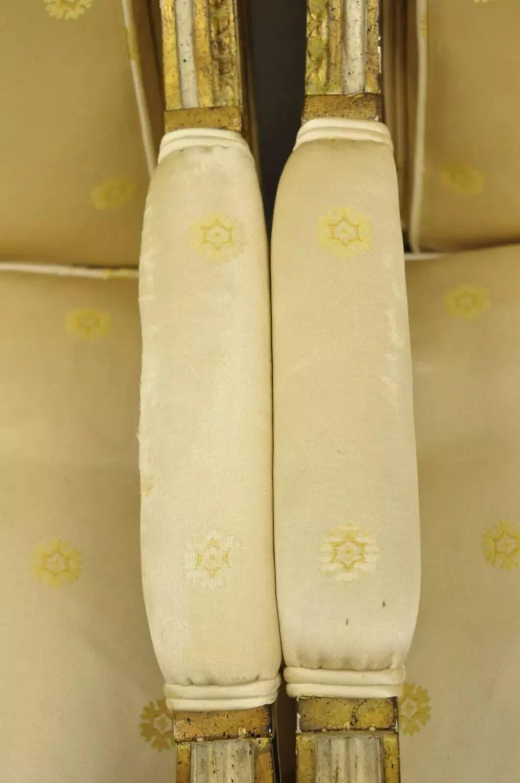 French Louis XVI Neoclassical Gold Silk Fauteuil Parcel Gilt Arm Chairs - a Pair For Sale 3