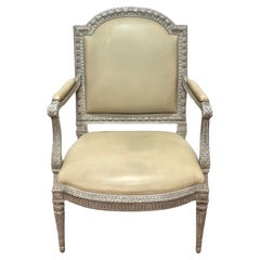 French Louis XVI  Neoclassical Stye Silvered  Leather  Armchair / Bergere