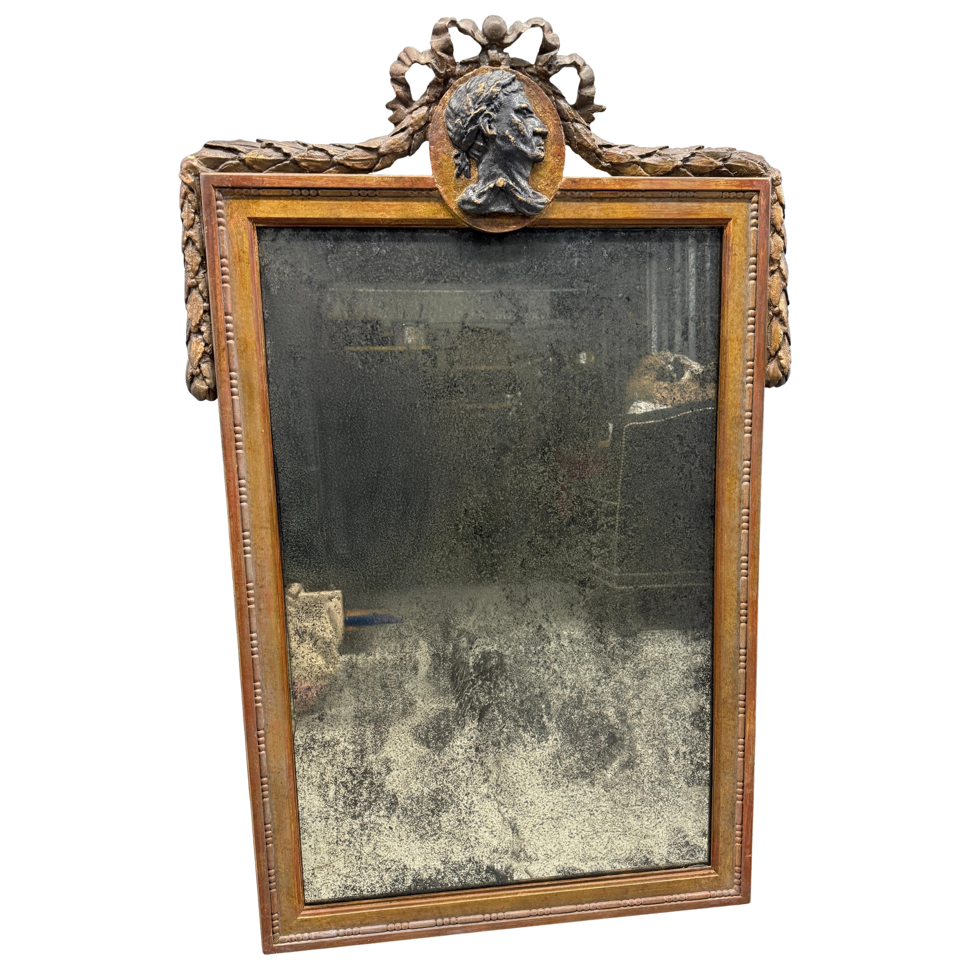 French Louis XVI Neoclassical-Style Carved Mirror W/ Classical Profile Medallion For Sale