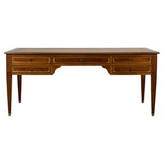 French Louis XVI Neoclassical Style Mahogany Writing Desk W/ Brown Leather Top