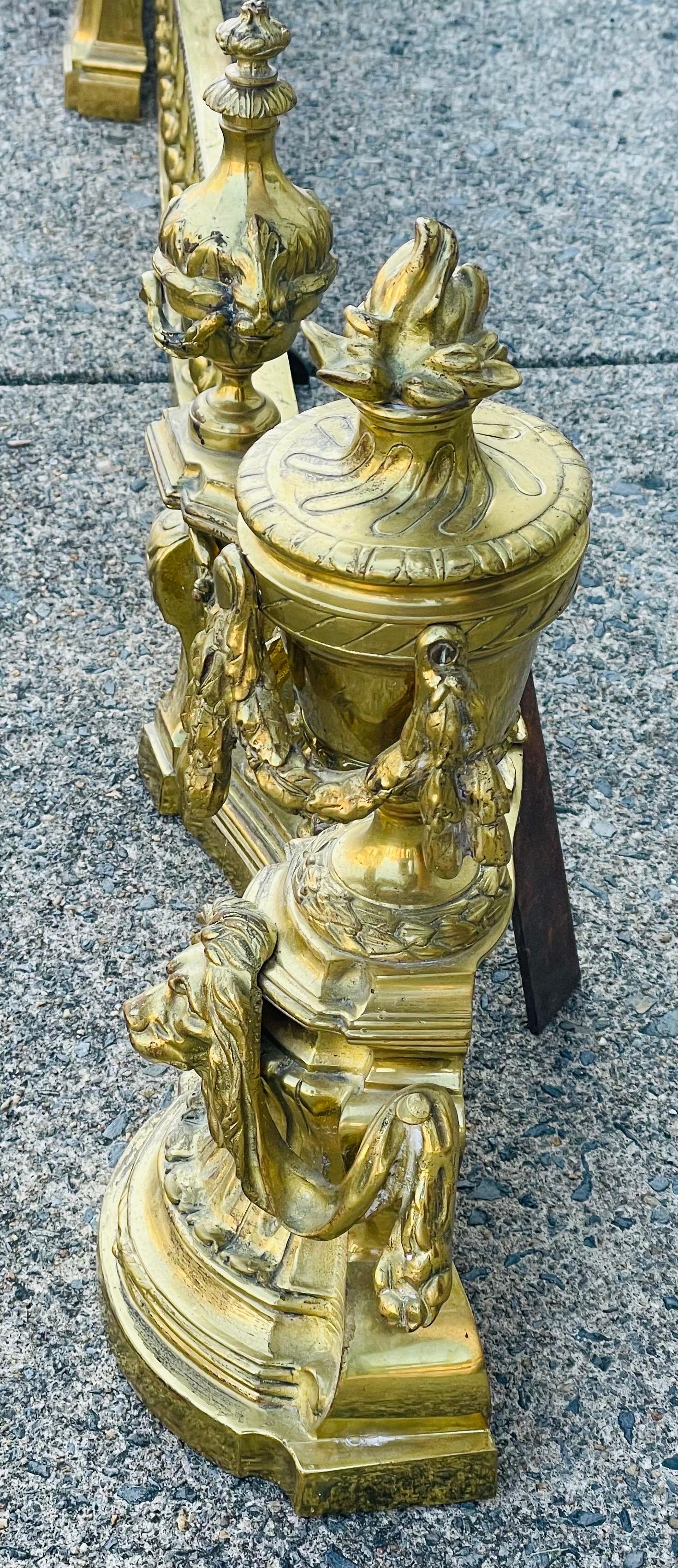 French Louis XVI Neoclassical Urn Lion Head Brass Fireplace Chenets & Fender Set For Sale 3