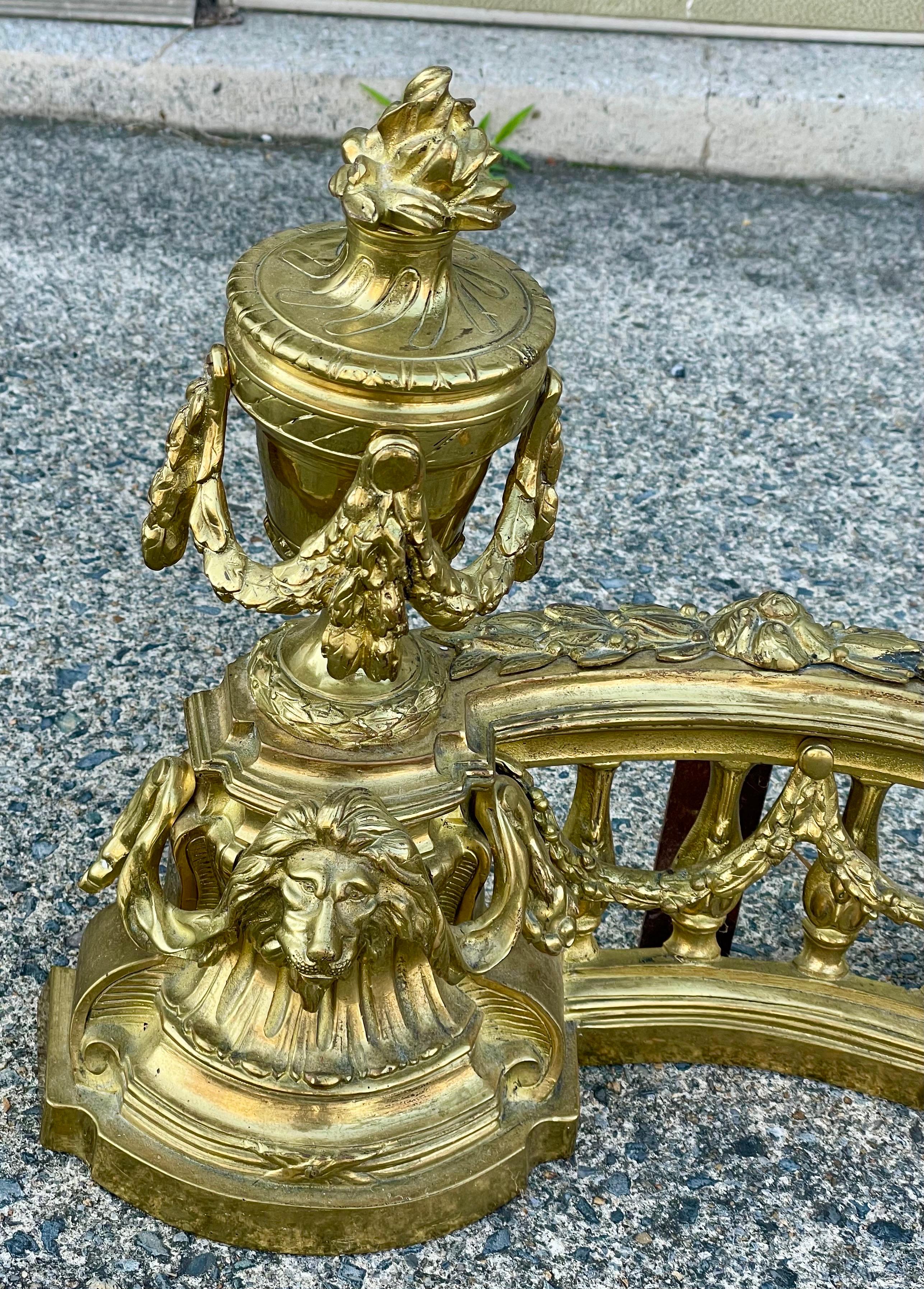 French Louis XVI Neoclassical Urn Lion Head Brass Fireplace Chenets & Fender Set For Sale 4