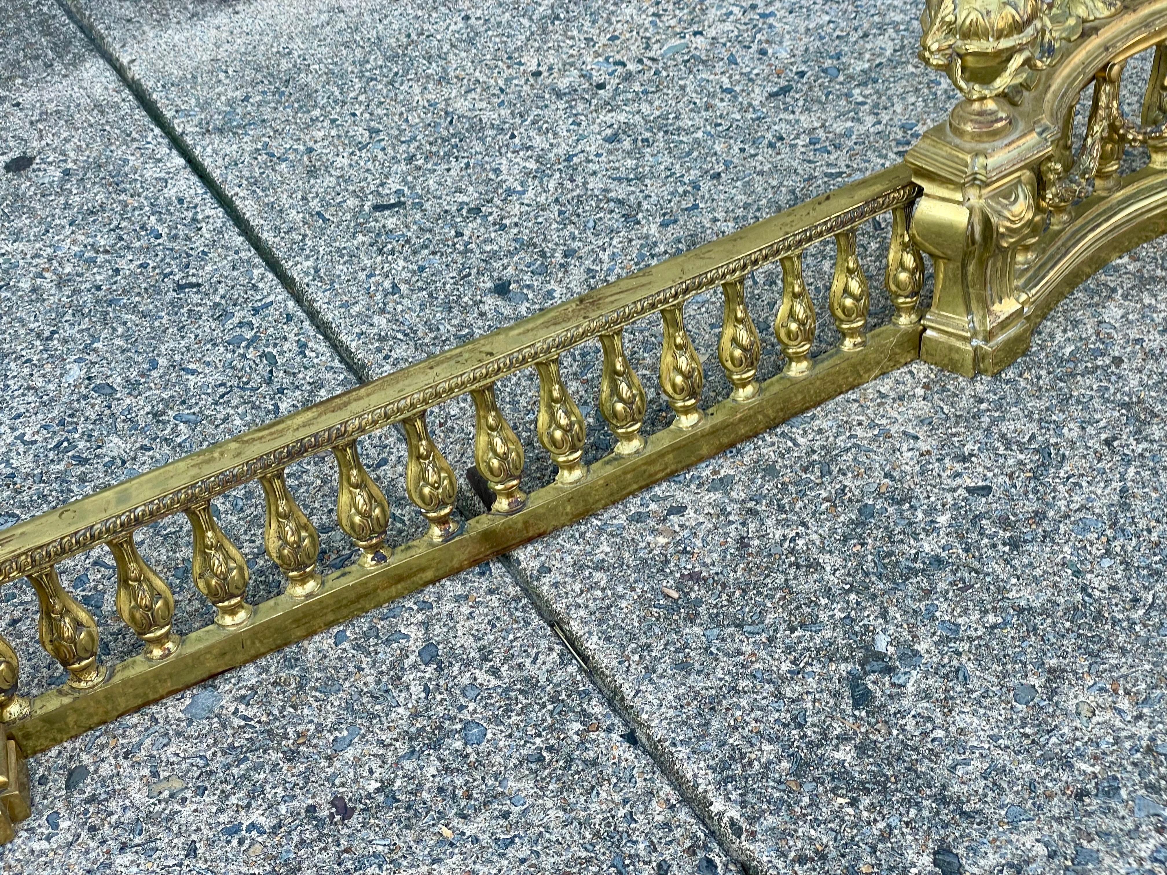 French Louis XVI Neoclassical Urn Lion Head Brass Fireplace Chenets & Fender Set For Sale 5