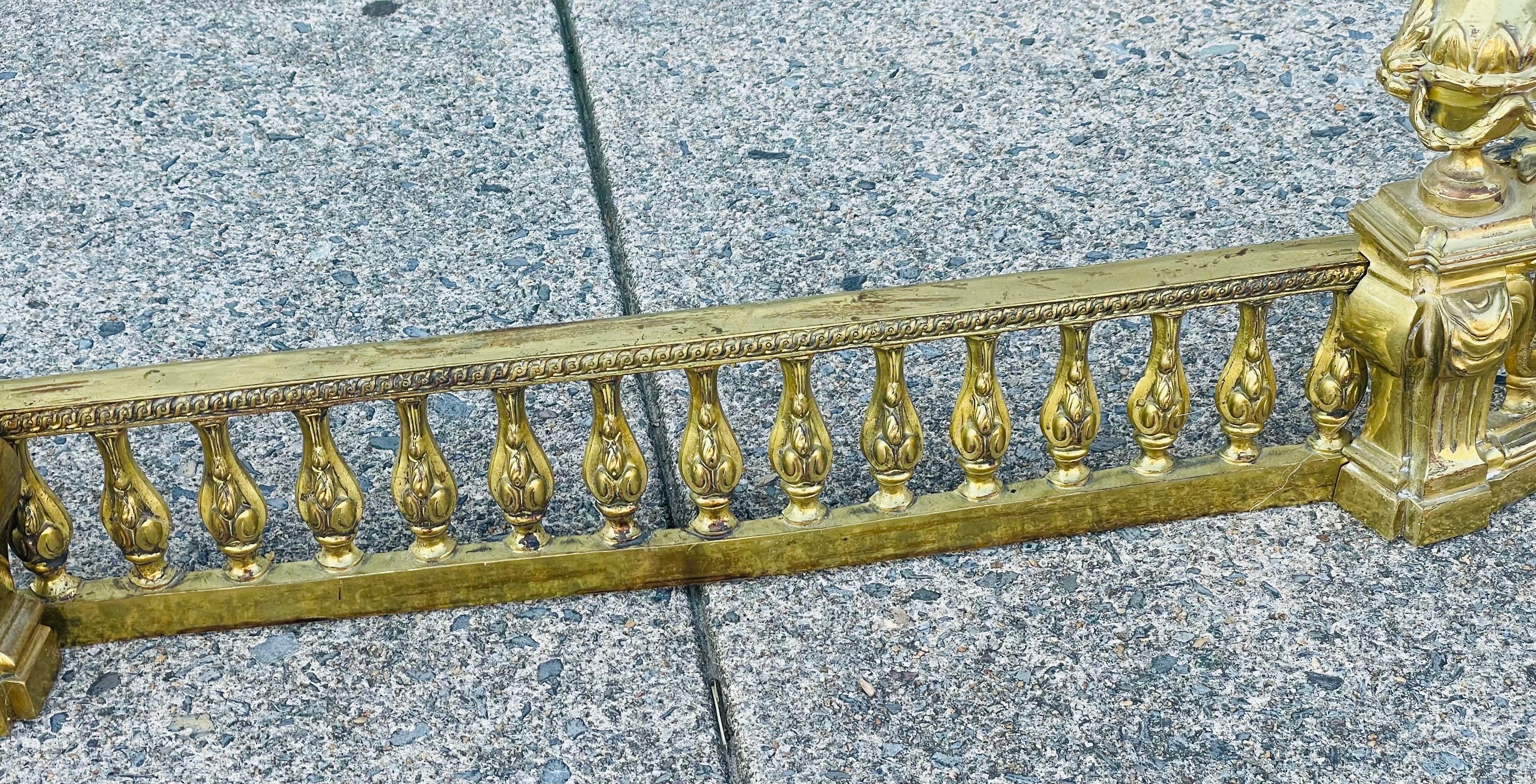 French Louis XVI Neoclassical Urn Lion Head Brass Fireplace Chenets & Fender Set For Sale 6