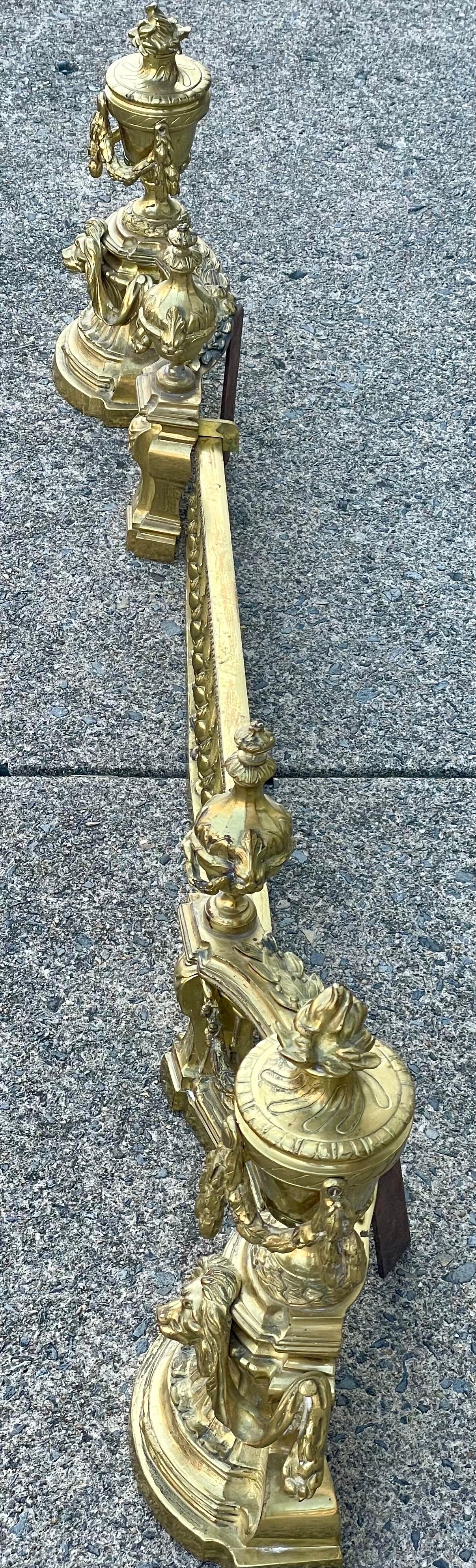 French Louis XVI Neoclassical Urn Lion Head Brass Fireplace Chenets & Fender Set For Sale 9