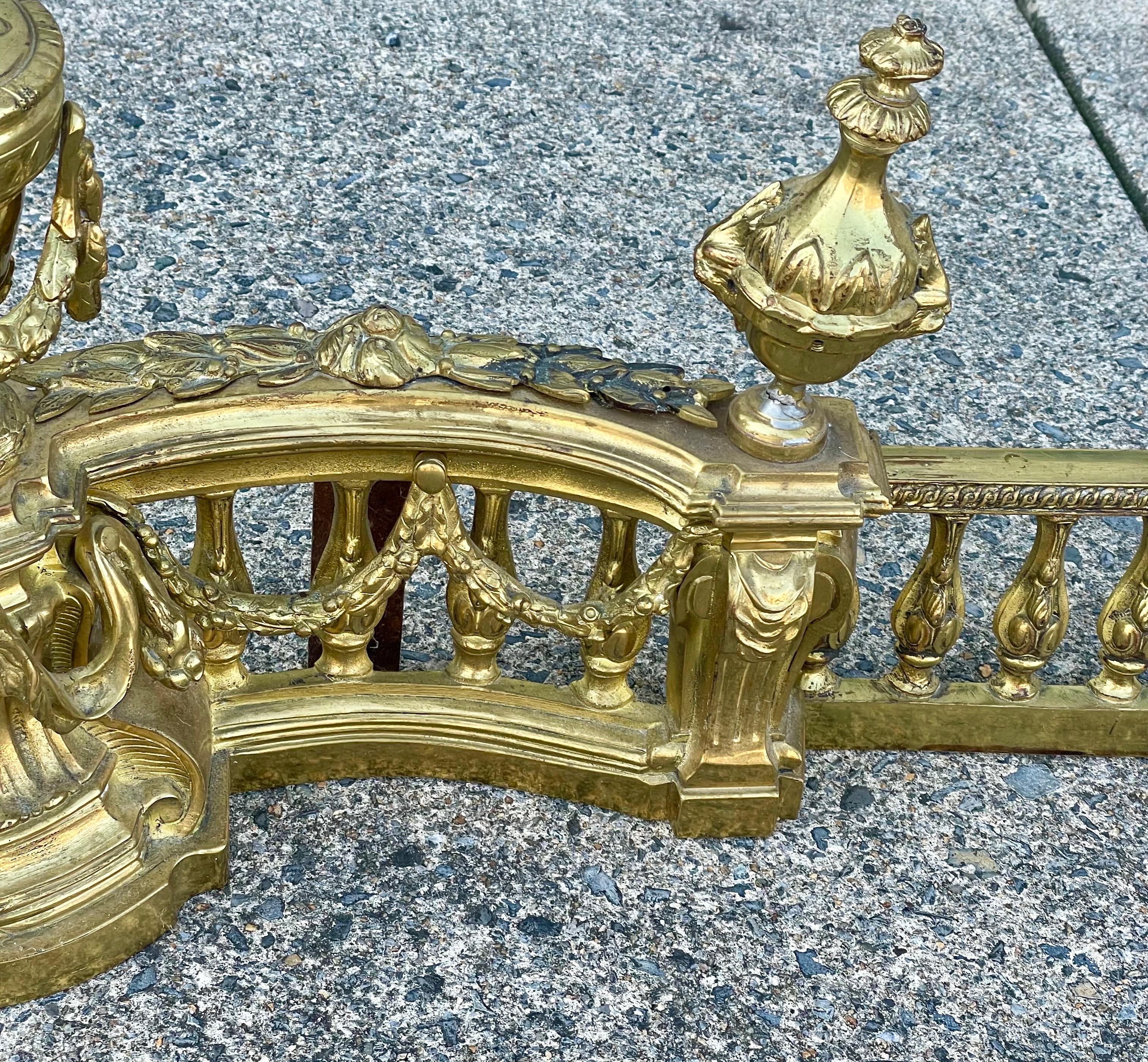 French Louis XVI Neoclassical Urn Lion Head Brass Fireplace Chenets & Fender Set For Sale 12