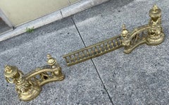 French Louis XVI Neoclassical Urn Lion Head Brass Fireplace Chenets & Fender Set