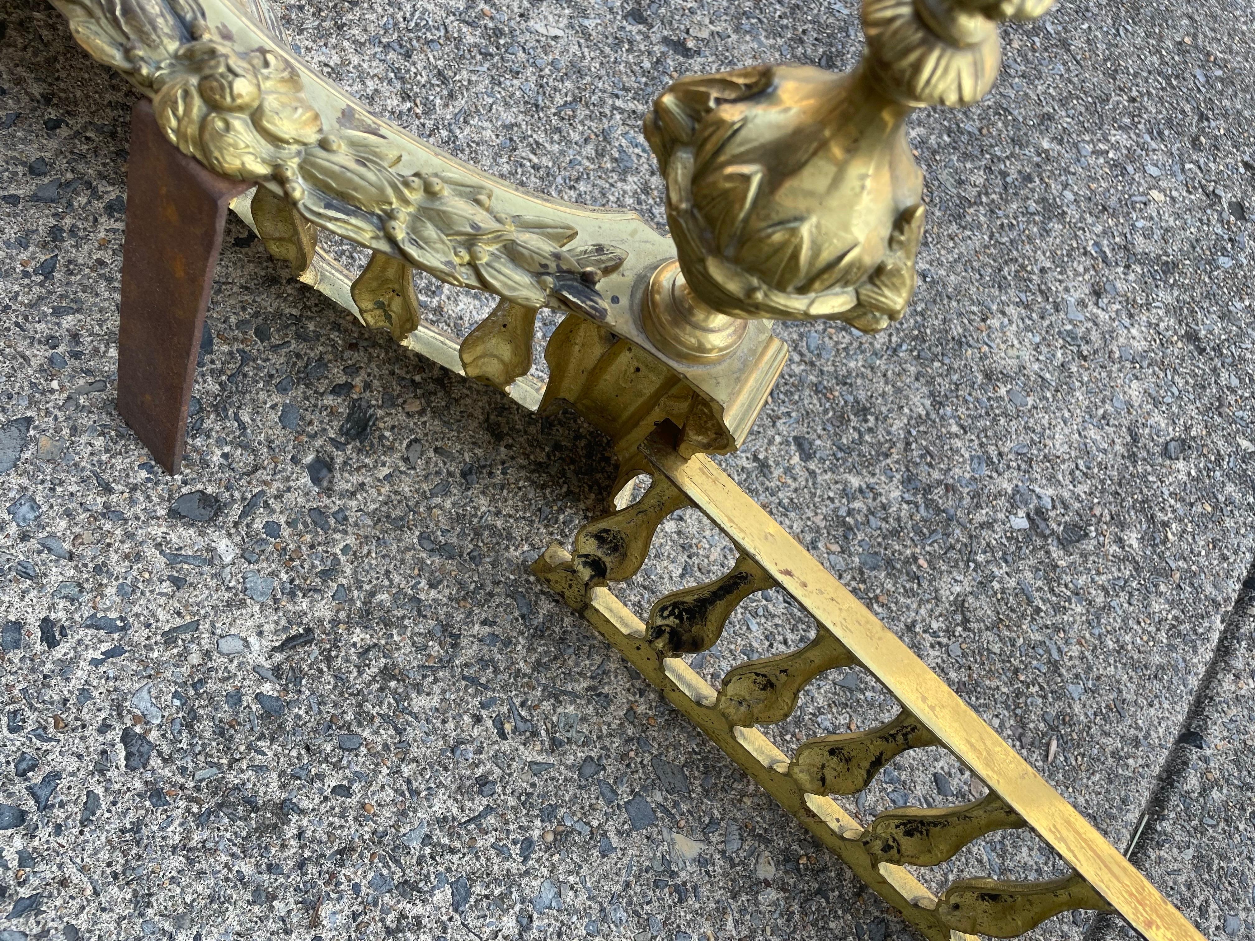 Bronze French Louis XVI Neoclassical Urn Lion Head Brass Fireplace Chenets & Fender Set For Sale