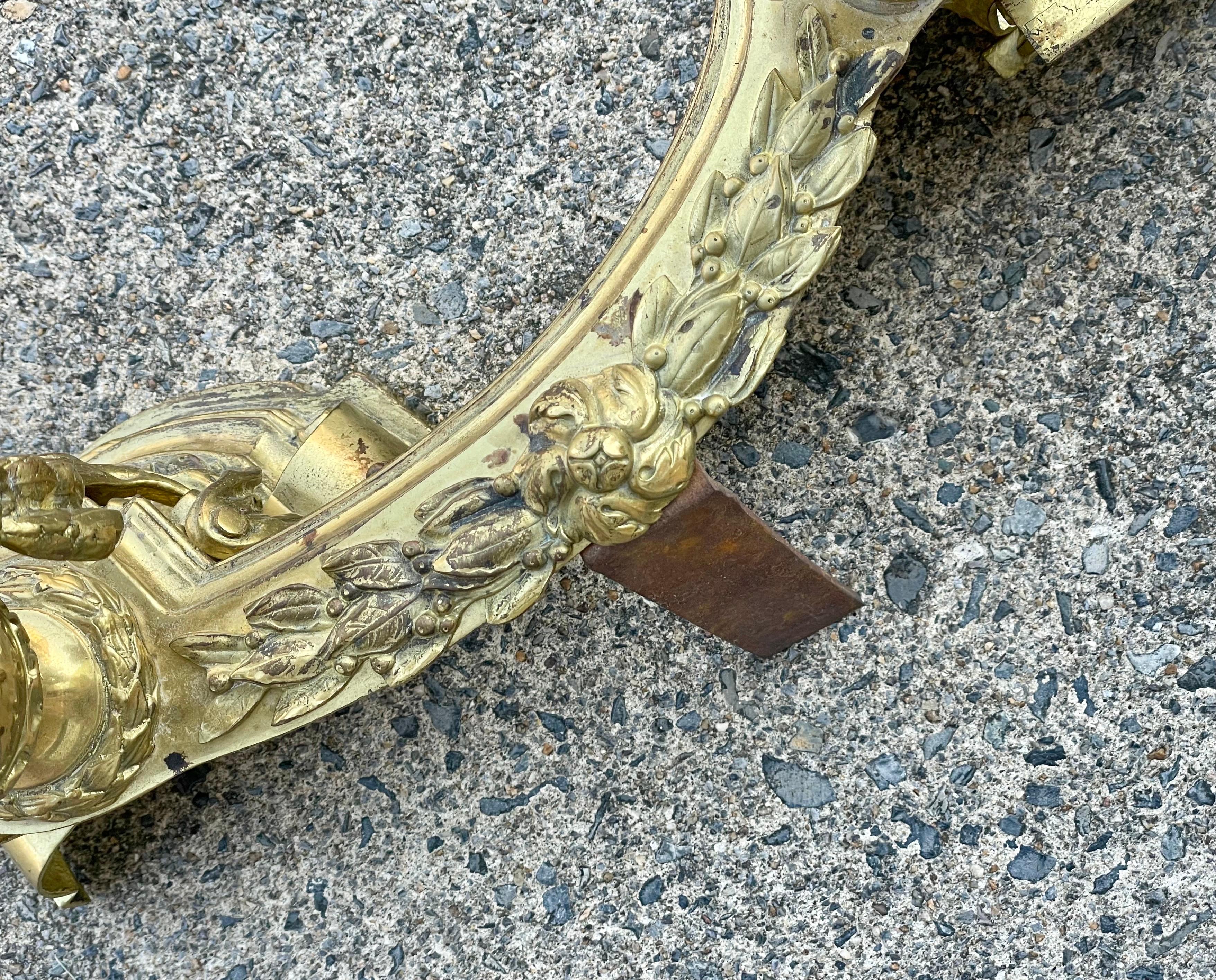 French Louis XVI Neoclassical Urn Lion Head Brass Fireplace Chenets & Fender Set For Sale 2