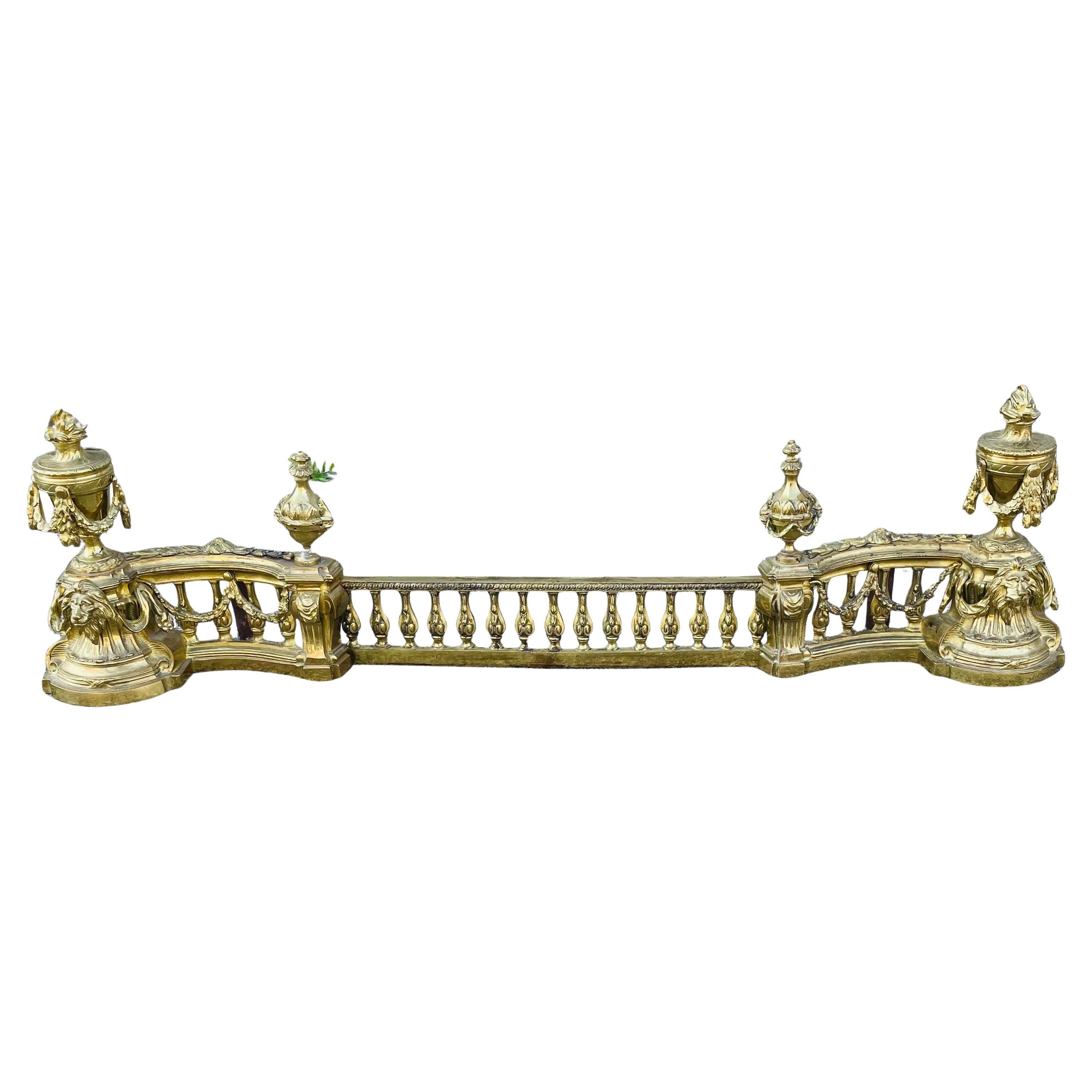 French Louis XVI Neoclassical Urn Lion Head Brass Fireplace Chenets & Fender Set For Sale