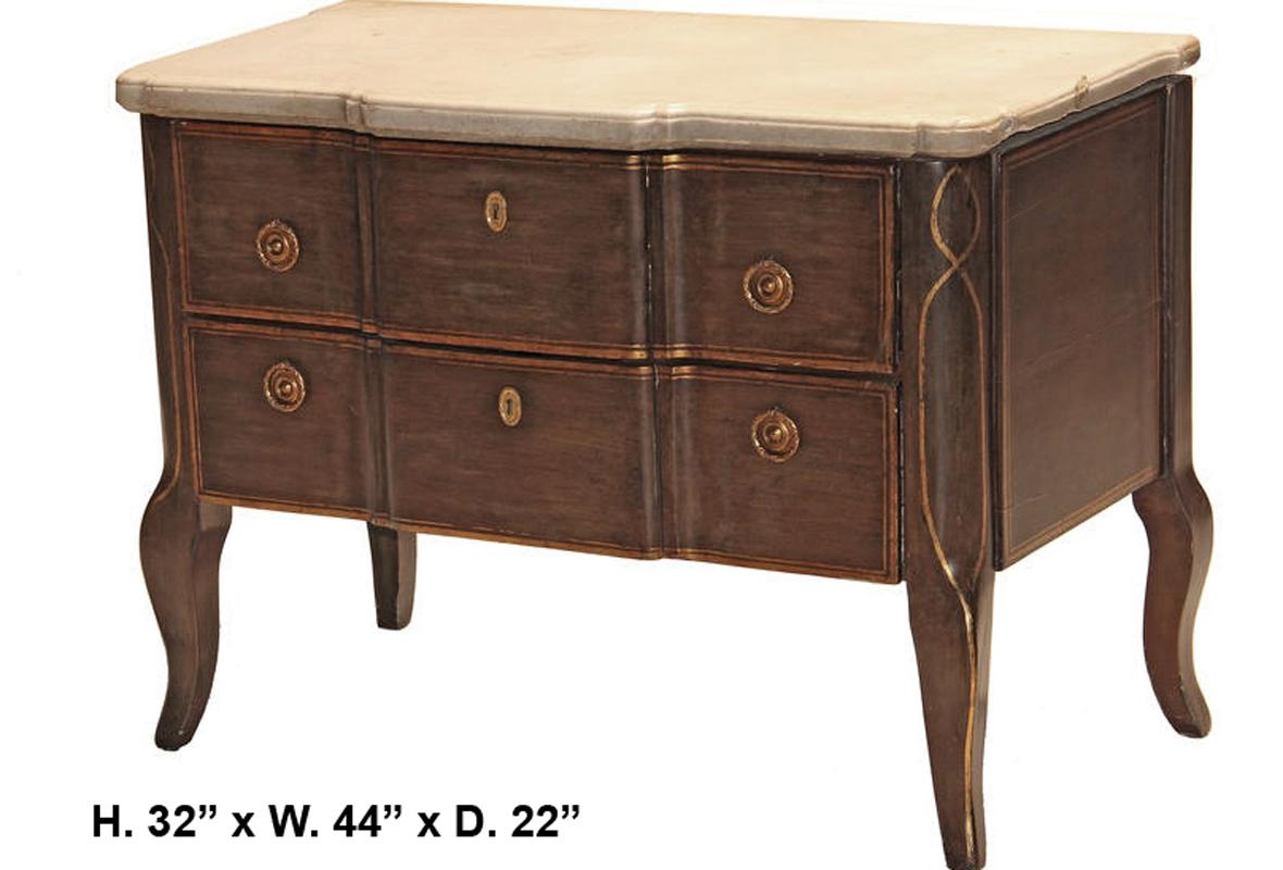 Unusual 19th century French Louis XVI style painted two-drawer commode with thick beige marble top, all on cabriole legs.
   