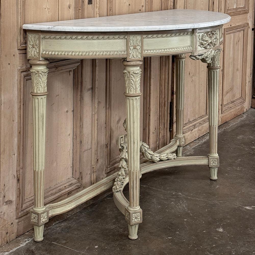 French Louis XVI Painted Demilune Console with Carrara Marble Top For Sale 9
