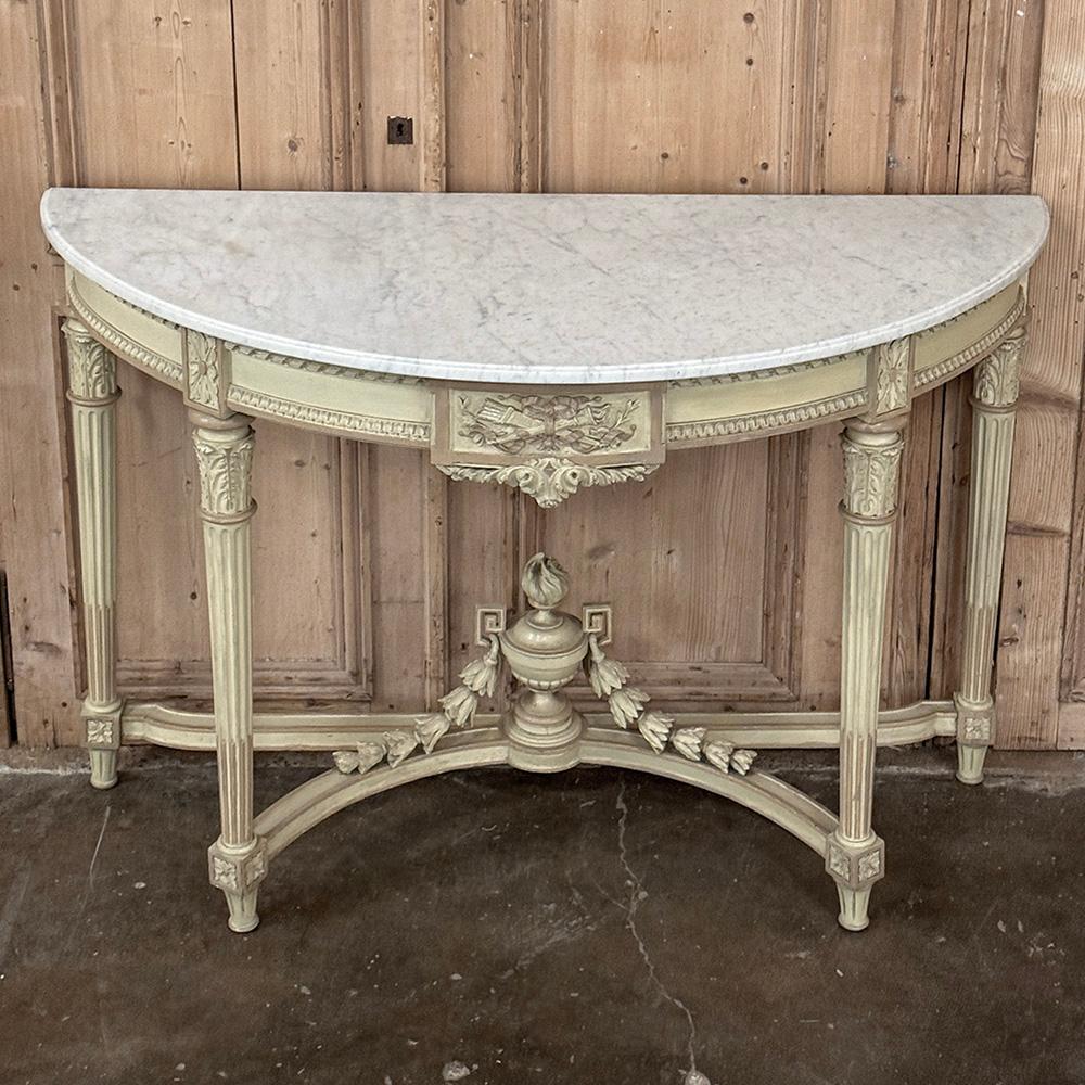 French Louis XVI Painted Demilune Console with Carrara Marble Top For Sale 10