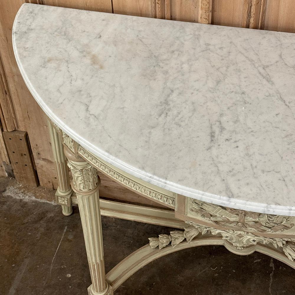 French Louis XVI Painted Demilune Console with Carrara Marble Top For Sale 11