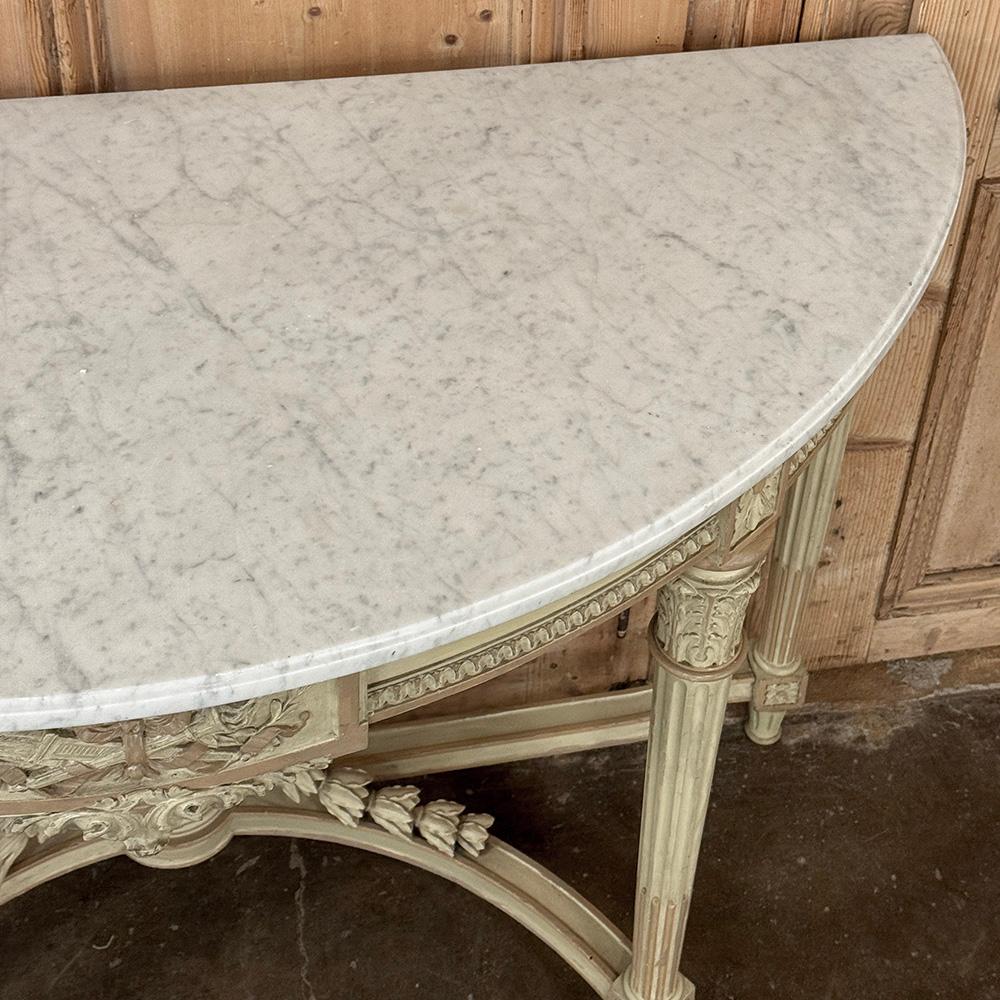French Louis XVI Painted Demilune Console with Carrara Marble Top For Sale 12