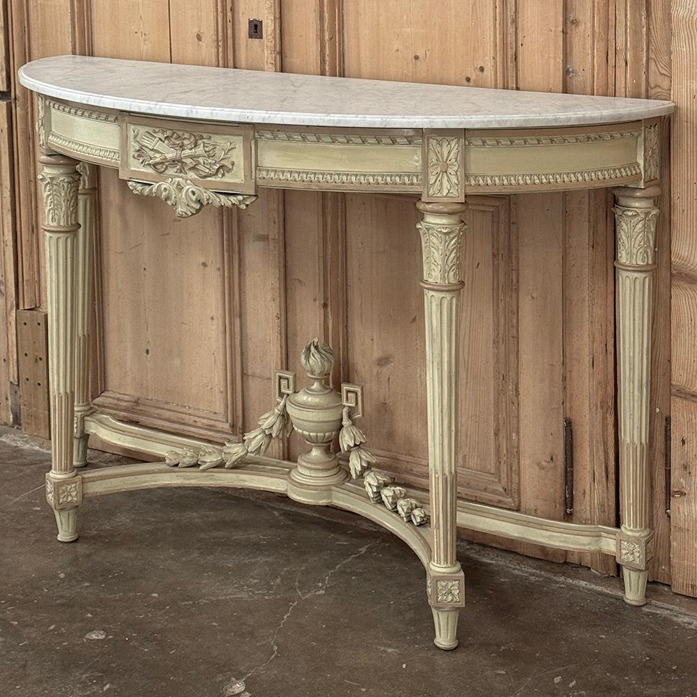 French Louis XVI Painted Demilune Console with Carrara Marble Top was designed for a tall ceiling, and features a four-legged design making it self-supporting.  As such, it can be placed anywhere, not requiring mounting to a wall.  The legs are