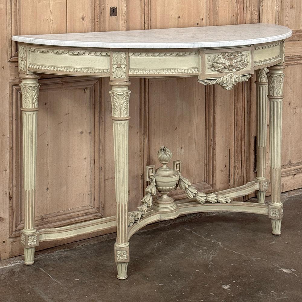Hand-Carved French Louis XVI Painted Demilune Console with Carrara Marble Top For Sale