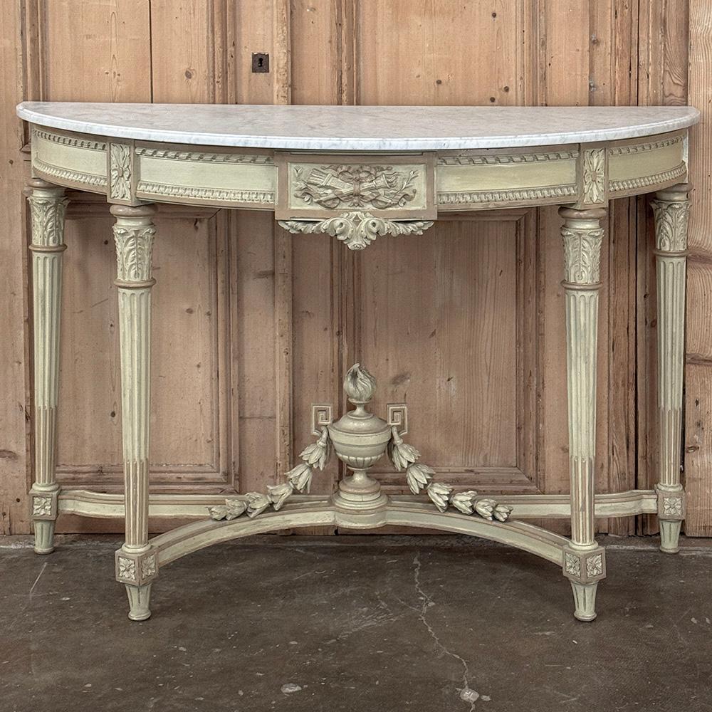 French Louis XVI Painted Demilune Console with Carrara Marble Top In Good Condition For Sale In Dallas, TX