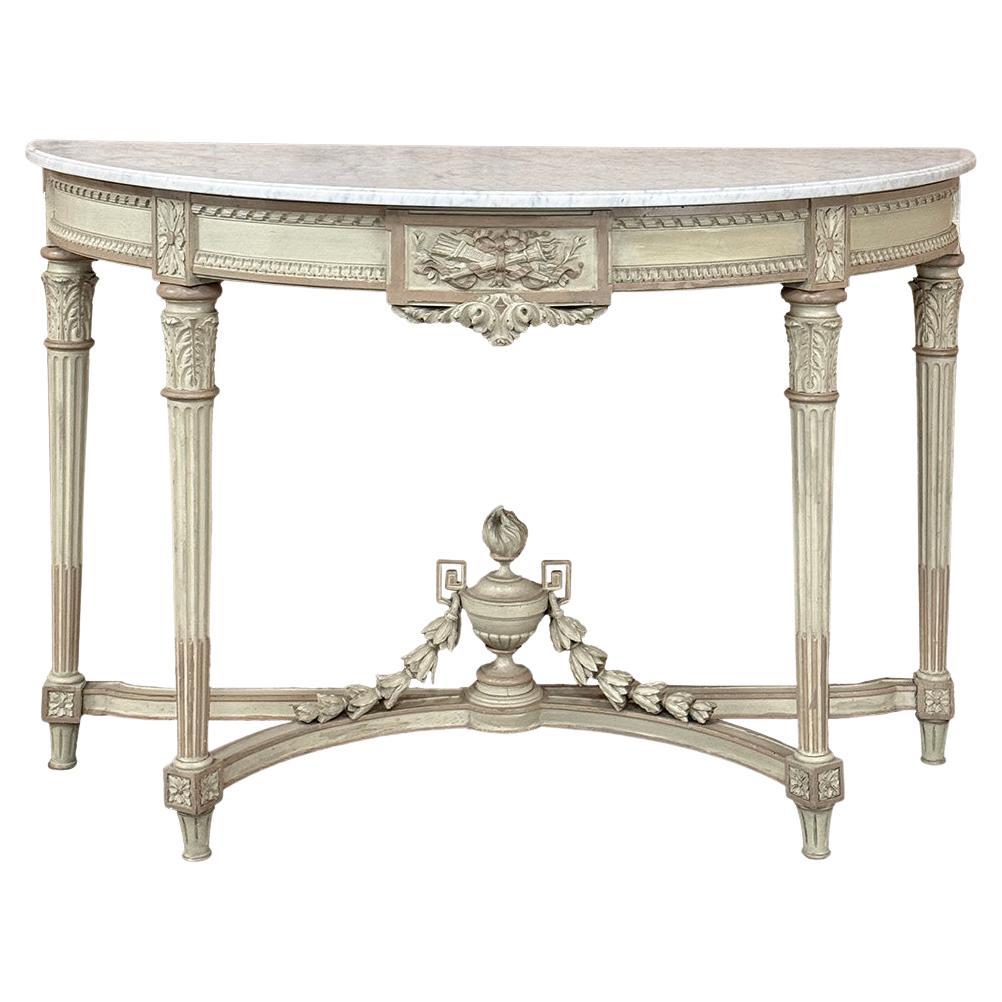 French Louis XVI Painted Demilune Console with Carrara Marble Top