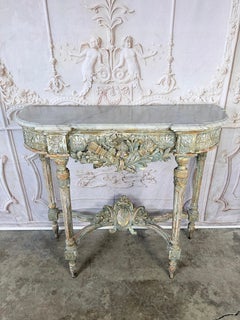 French Louis XVI Painted Gesso & Giltwood Console Table with Shaped Marble Top