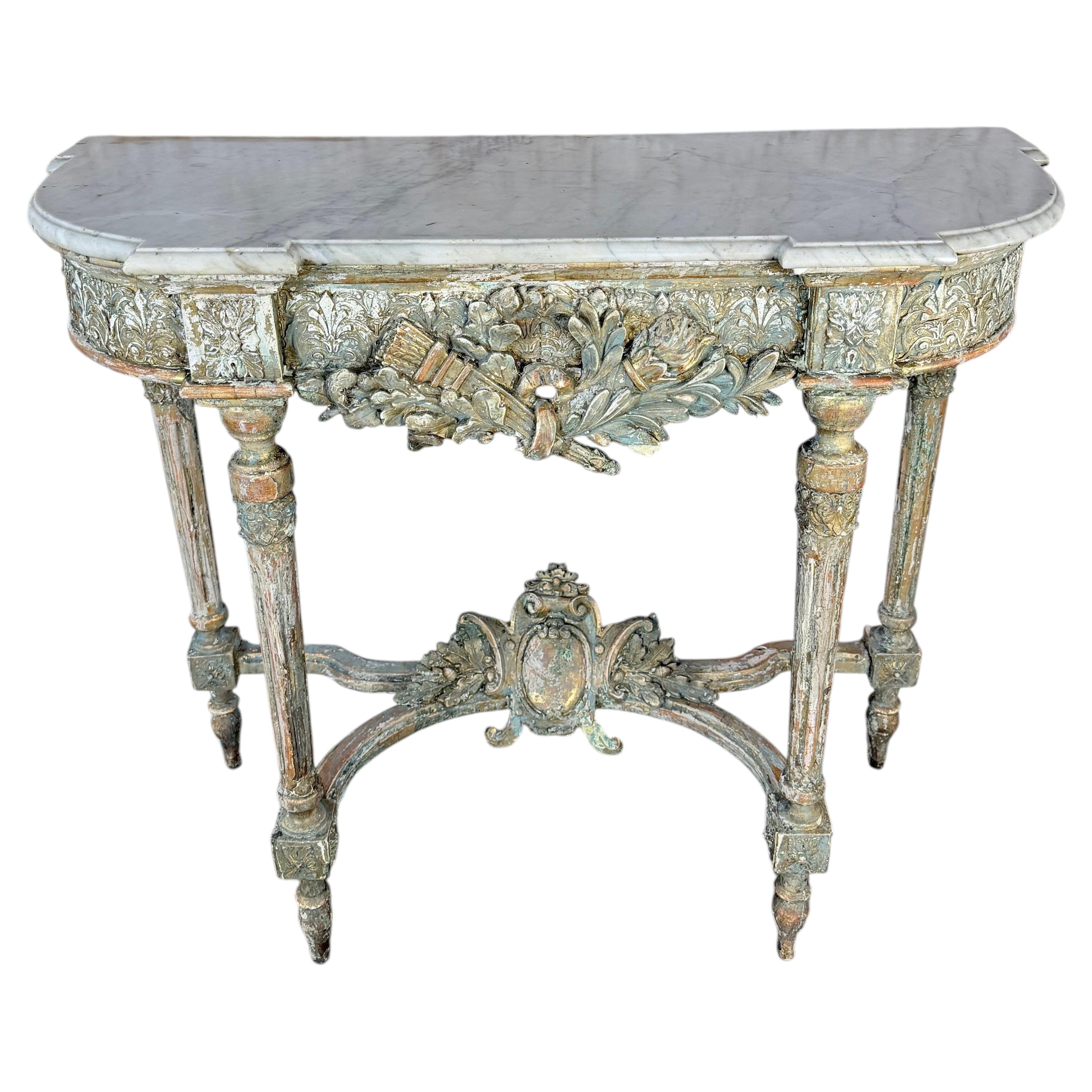 French Louis XVI Painted Gesso & Giltwood Console Table with Shaped Marble Top