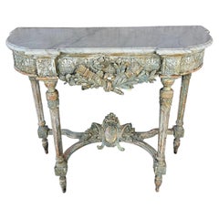 French Louis XVI Painted Gesso & Giltwood Console Table with Shaped Marble Top