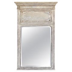 French Louis XVI Painted Trumeau Beveled Glass Mirror in Greige Finish, ca. 1900