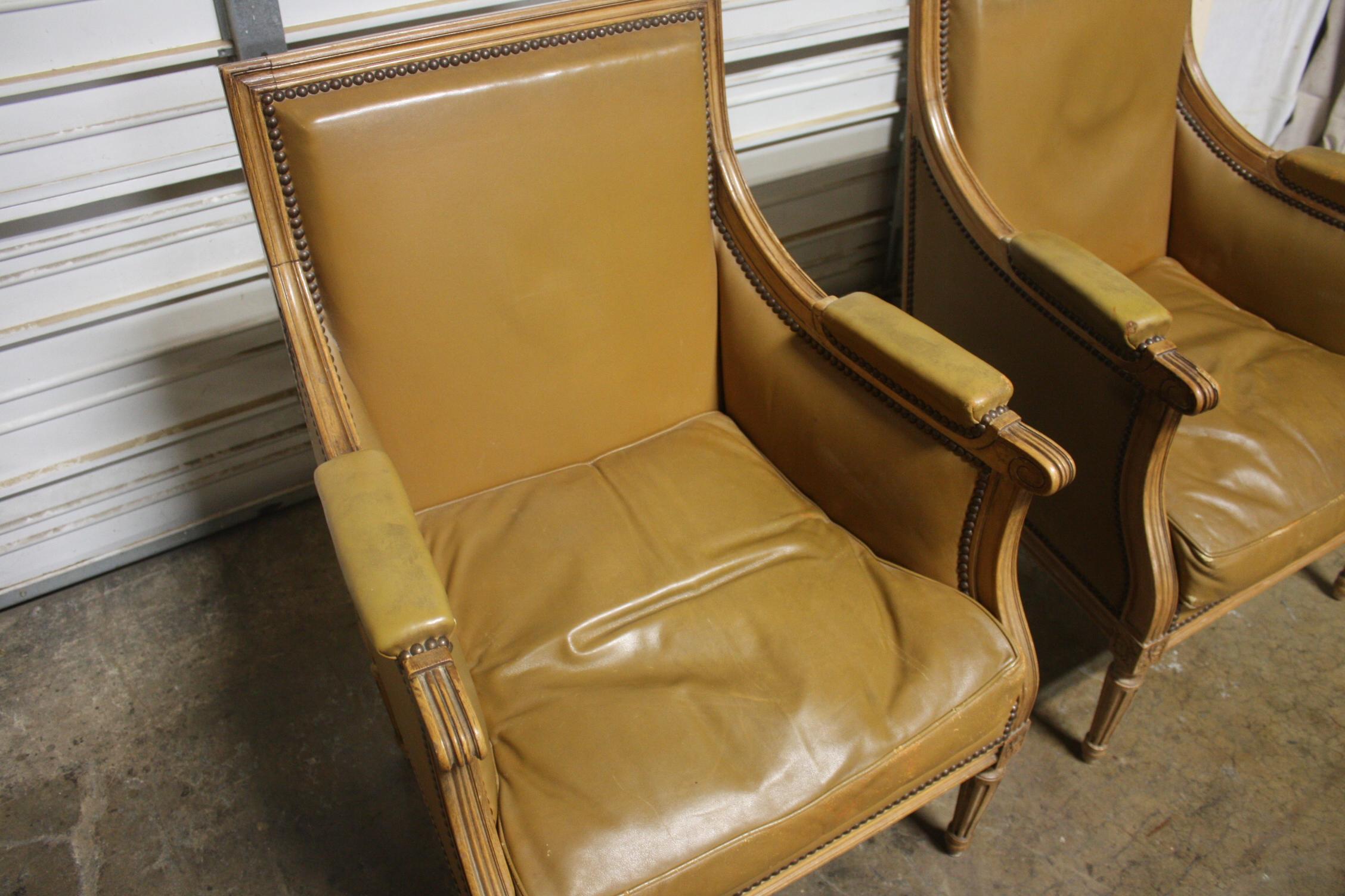 Leather French Louis XVI Pair of Bergere Chairs For Sale