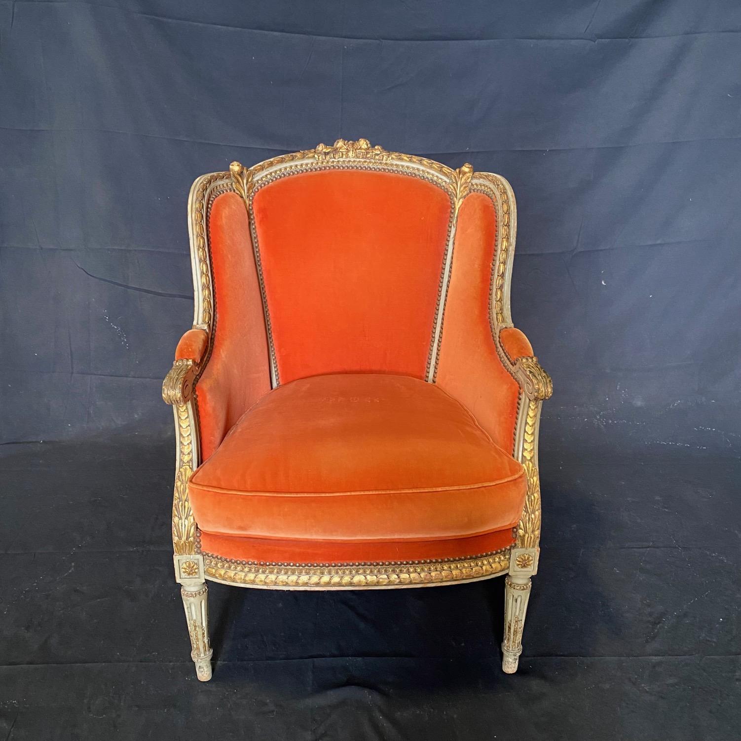 French Louis XVI Pair of Carved and Gilded Velvet Wingback Chairs 7