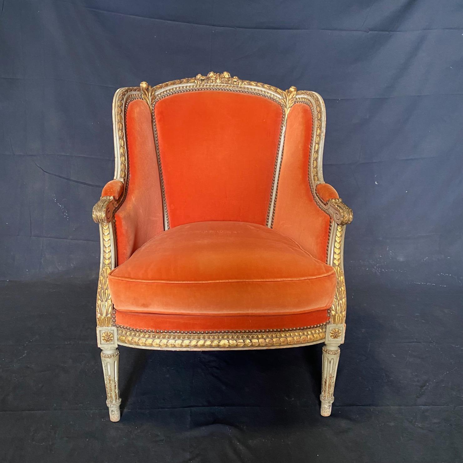 French Louis XVI Pair of Carved and Gilded Velvet Wingback Chairs 8