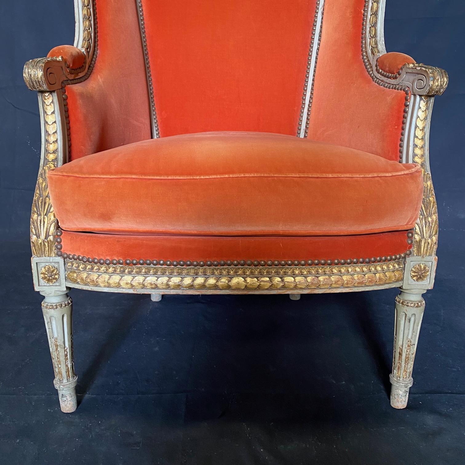 French Louis XVI Pair of Carved and Gilded Velvet Wingback Chairs 2