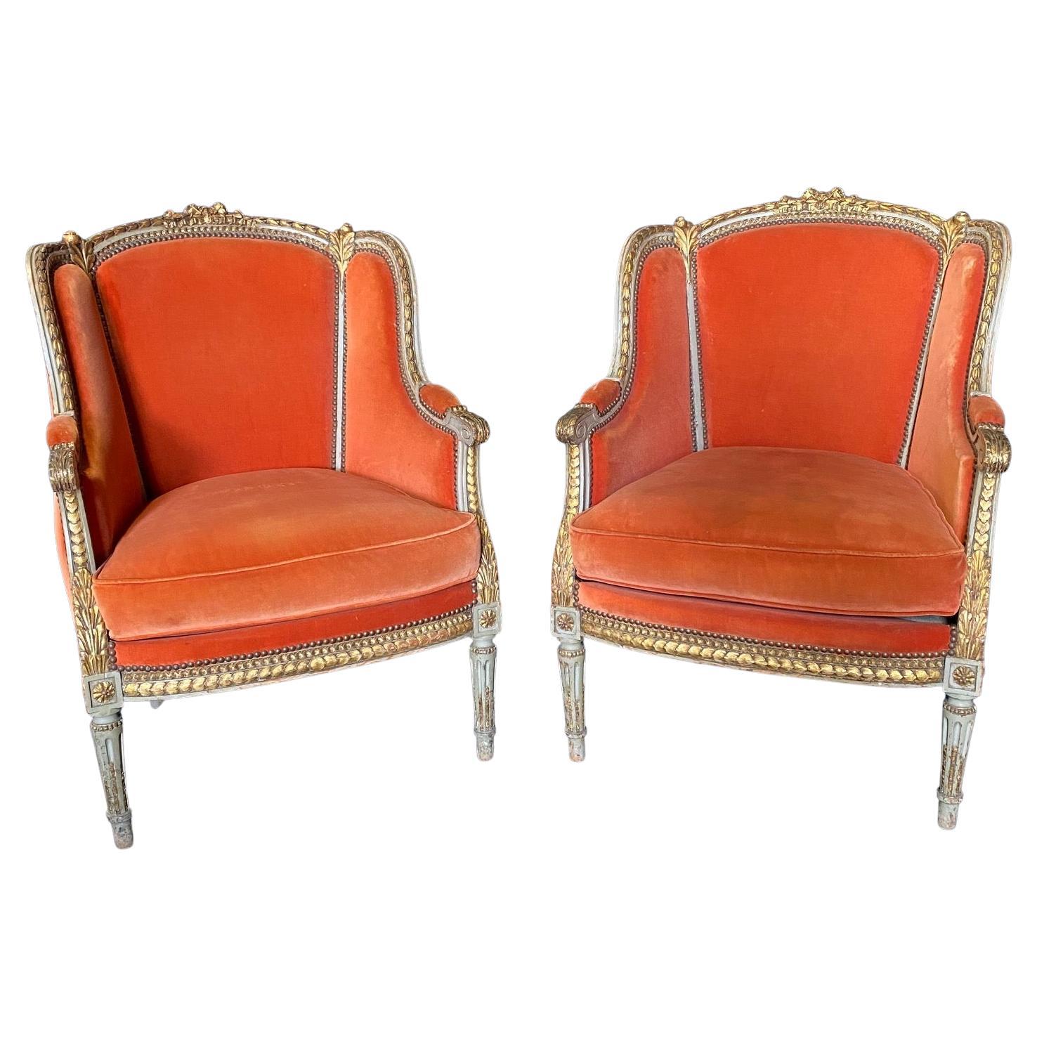 French Louis XVI Pair of Carved and Gilded Velvet Wingback Chairs