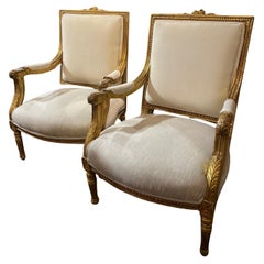 French Louis XVI Pair of Gilt Fauteuils a La Reine