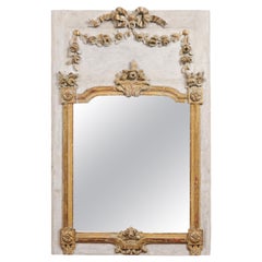 Antique French Louis XVI Period 1770s Carved and Gilded Trumeau Mirror with Floral Décor