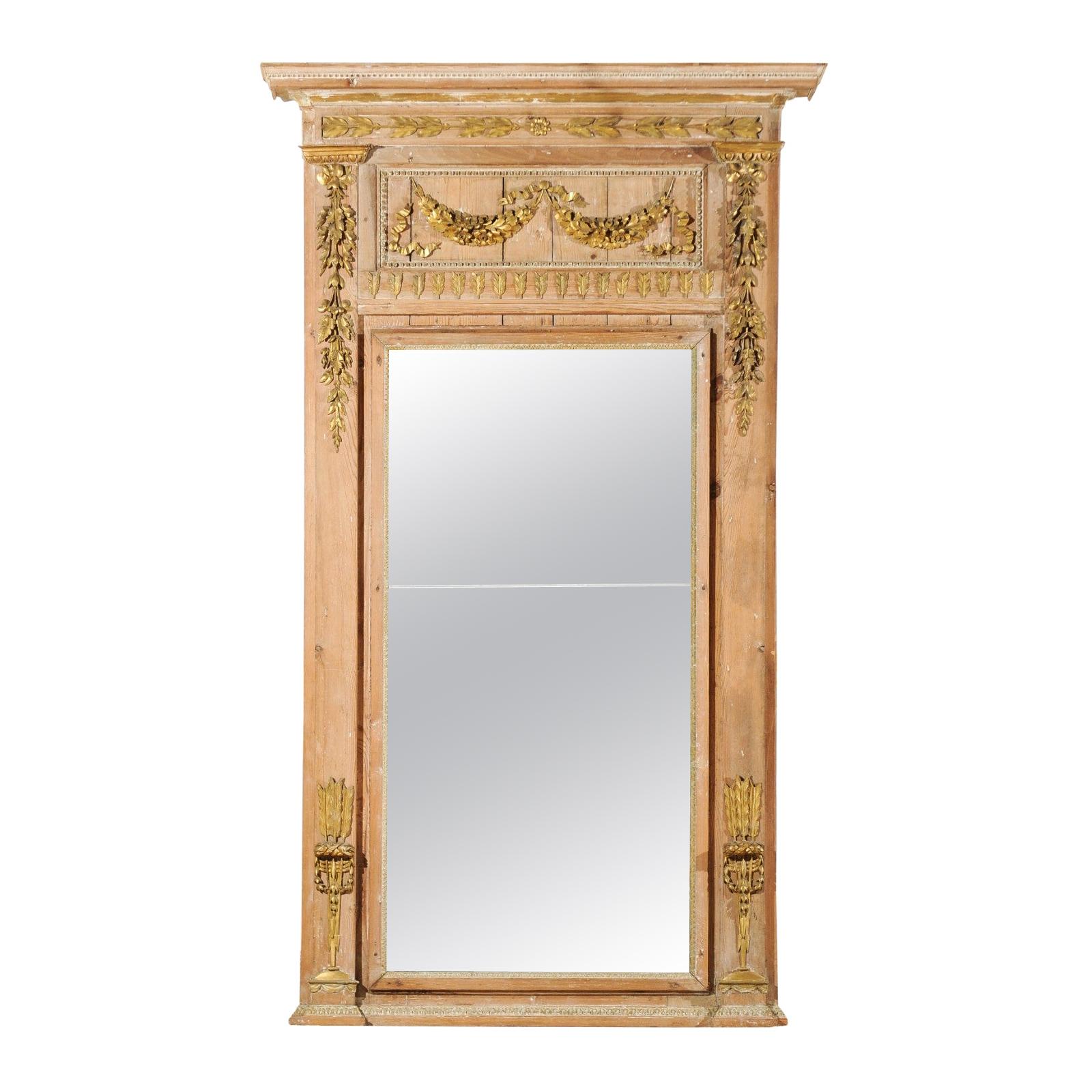 French Louis XVI Period 1780s Wooden Trumeau Mirror with Carved Giltwood Décor