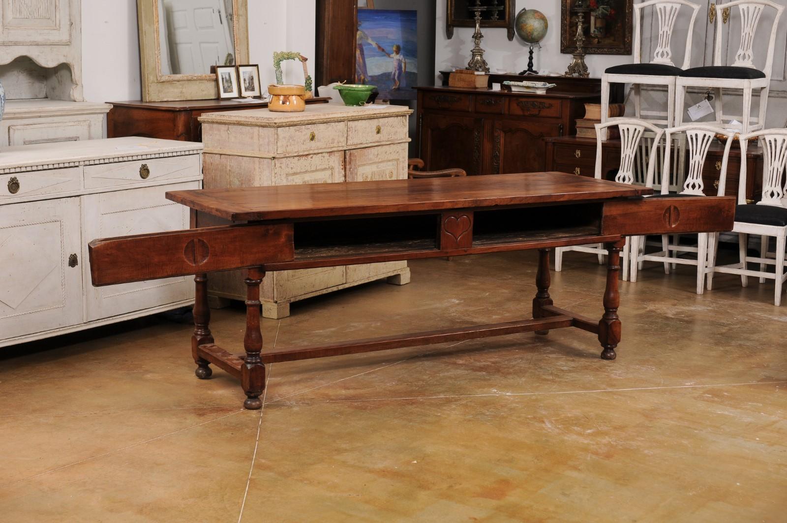 Wood French Louis XVI Period 1790s Farm Table with Sliding Panels and Carved Heart For Sale